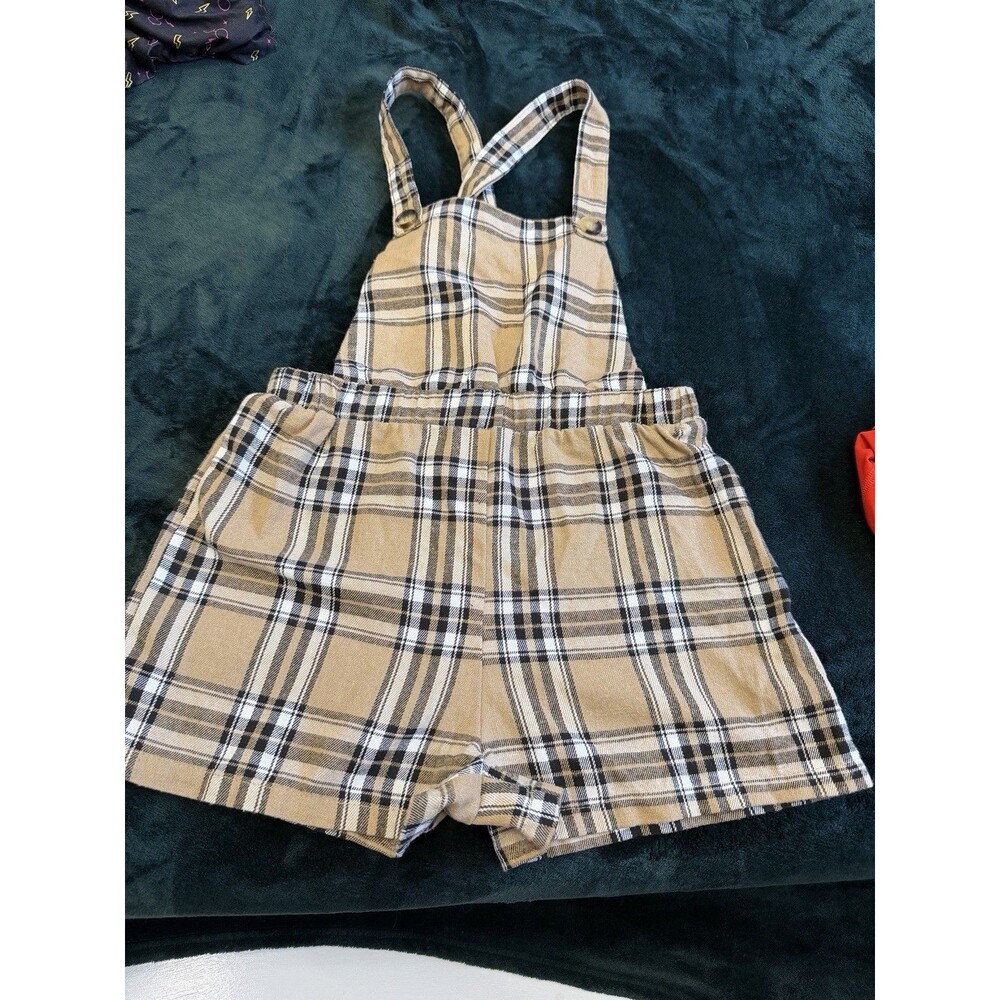 SHEIN Girls Plaid Overall Romper Shorts Beige Black Size 11-12Y